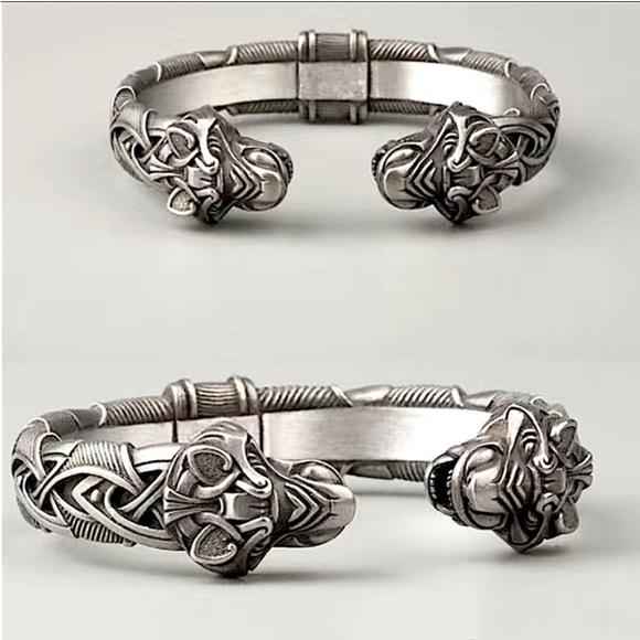 Silver Wolf Head Viking Norse Knotwork Cuff Bangle Bracelet - Picture 2 of 12